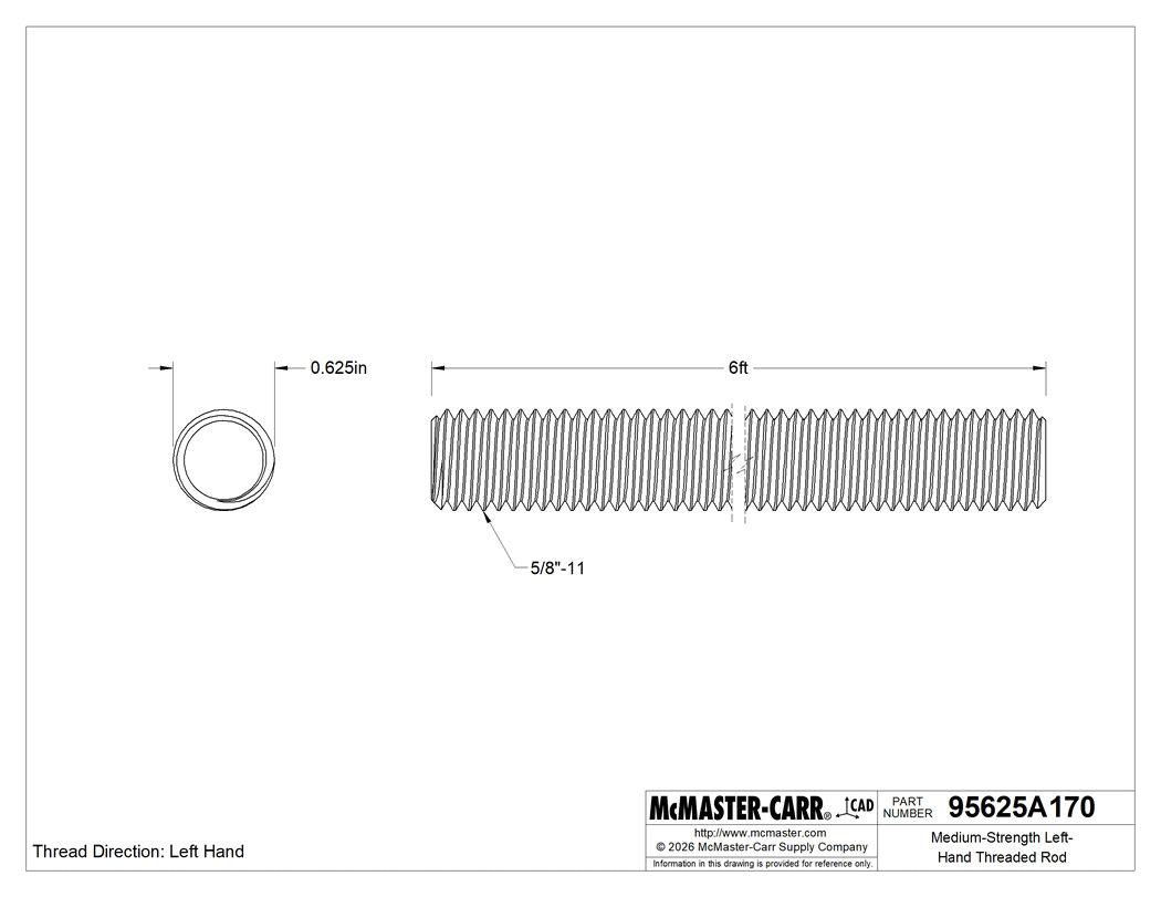 Technical Drawing of Medium-Strength Left-Hand Threaded Rod, Grade B7 Steel, 5/8"-11 Thread Size, 6 Feet Long.
